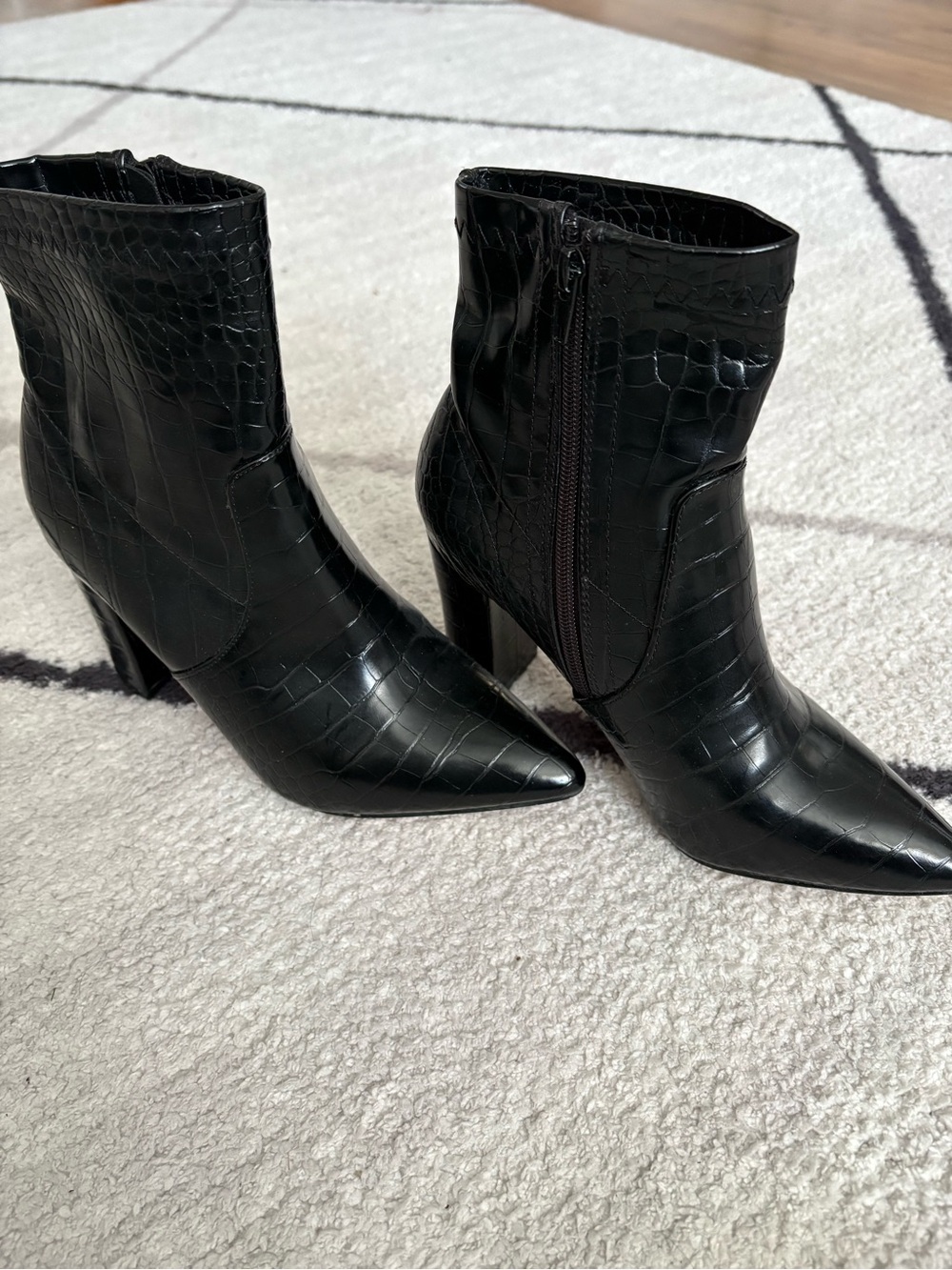 Catherine Malandrino Black Croc-Embossed Pointed Ankle Booties